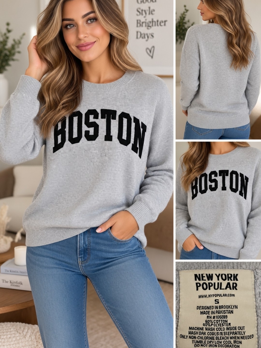 New York Popular 'Boston' Crewneck Sweatshirt - Light Gray/Black